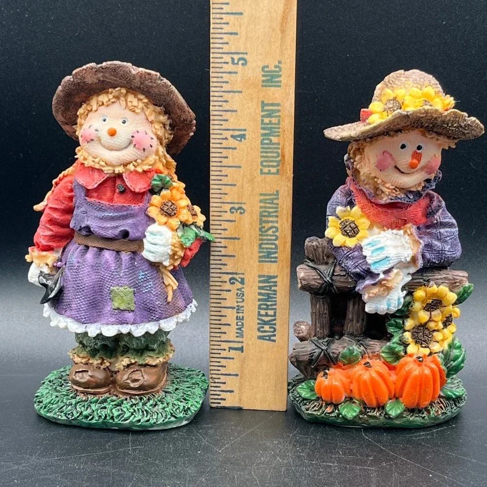 Set of 2 Fall Scarecrow Figurines Resin Harvest Decor Sunflowers Pumpkins 5